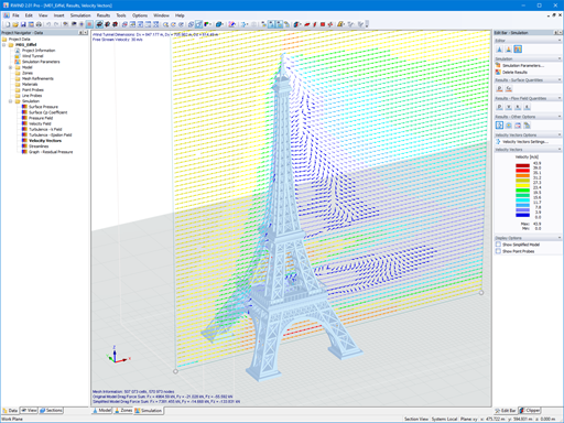 Rychlostní vektory proudění větru na modelu Eiffelovy věže v programu RWIND