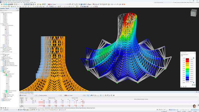 Na tomto obrázku je znázorněno uživatelské rozhraní programu RFEM 6, který se používá pro statickou analýzu a posouzení. In the main area of the interface, there is a complex 3D model of a timber structure, presented in two different views: vlevo transparentní obrysový pohled a vpravo barevný statický výpočet.