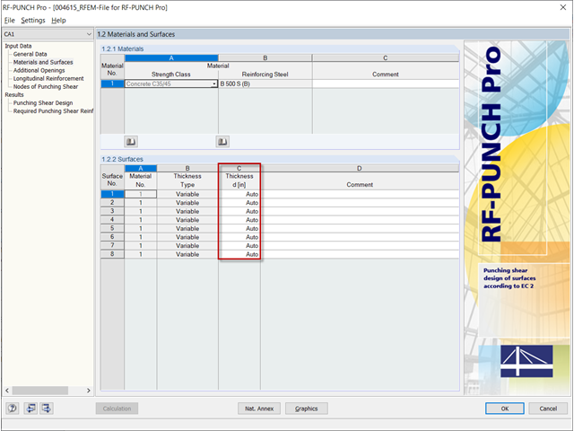 Window 1.2 Materials and Surfaces in RF-PUNCH Pro with Setting of Surface Thickness