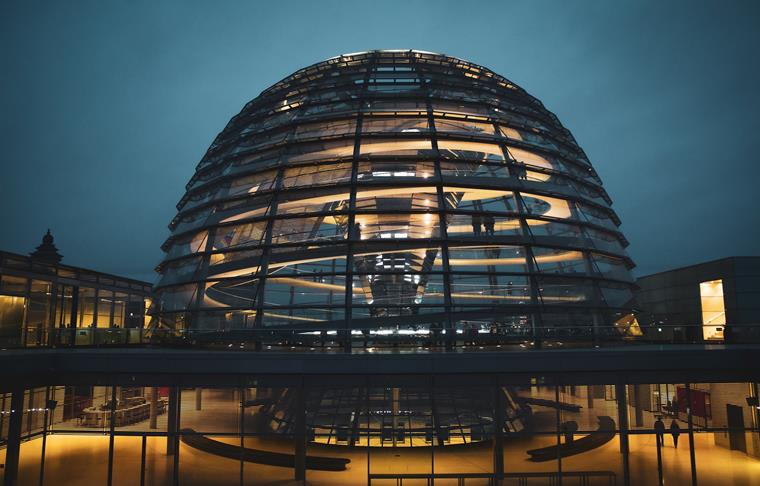 High-Tech Architecture Made of Glass and Steel: Dome of Reichstag in Berlin, Finished in 1999