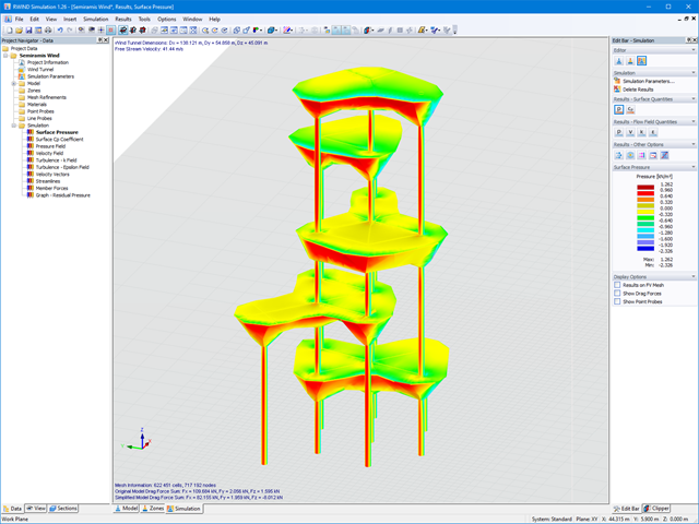 Modèle de pylône en 3D avec pressions de surface dans RWIND Simulation (© Timbatec)