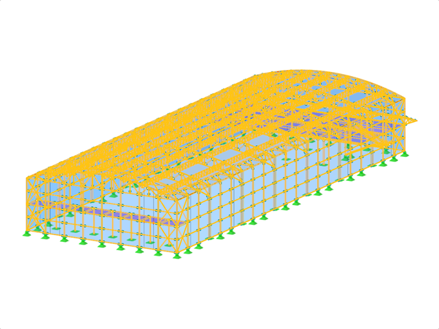 gt 000487 | Calcul de la structure métallique d'une salle de sport avec une travée de 32 mètres et un auvent