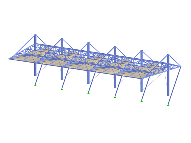 Model 3D membranowej konstrukcji dachu podpartej na belkach stalowych. Dieses Dach ist für eine Tribüne oder einen Zuschauerbereich konzipiert und bietet Schutz und Schatten. Die Konstruktion besteht aus blauen Stahlträgern und Balken, die eine Reihe von dreieckigen und rechteckigen Formen bilden.