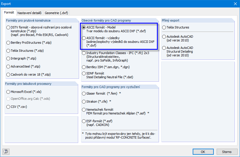 DXF export z RFEMu do AutoCADu