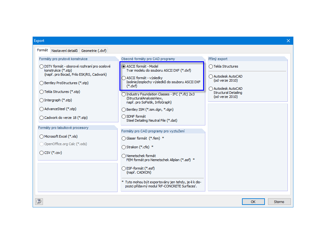 DXF export z RFEMu do AutoCADu