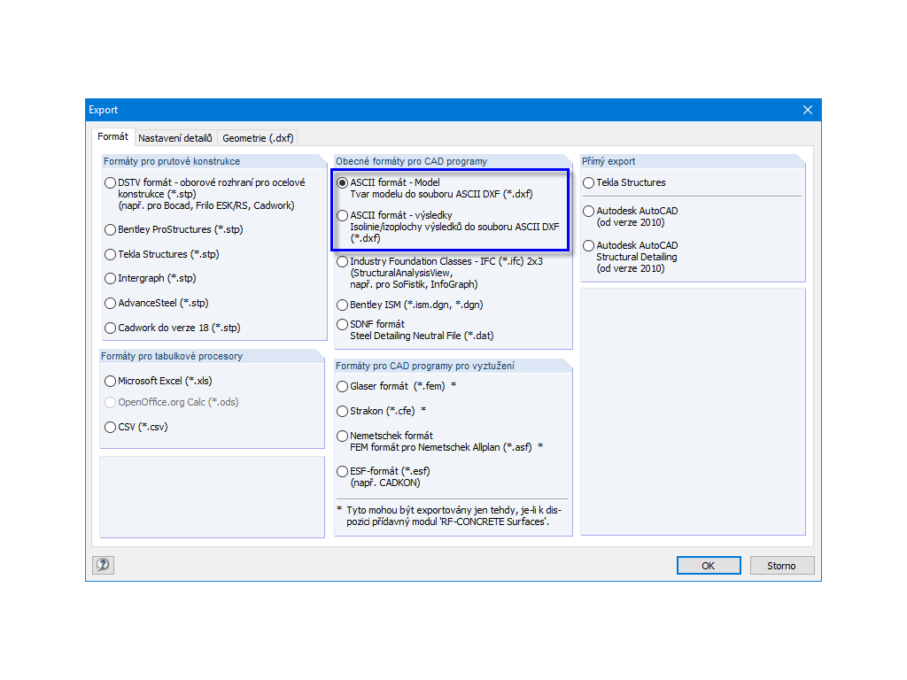 DXF export z RFEMu do AutoCADu