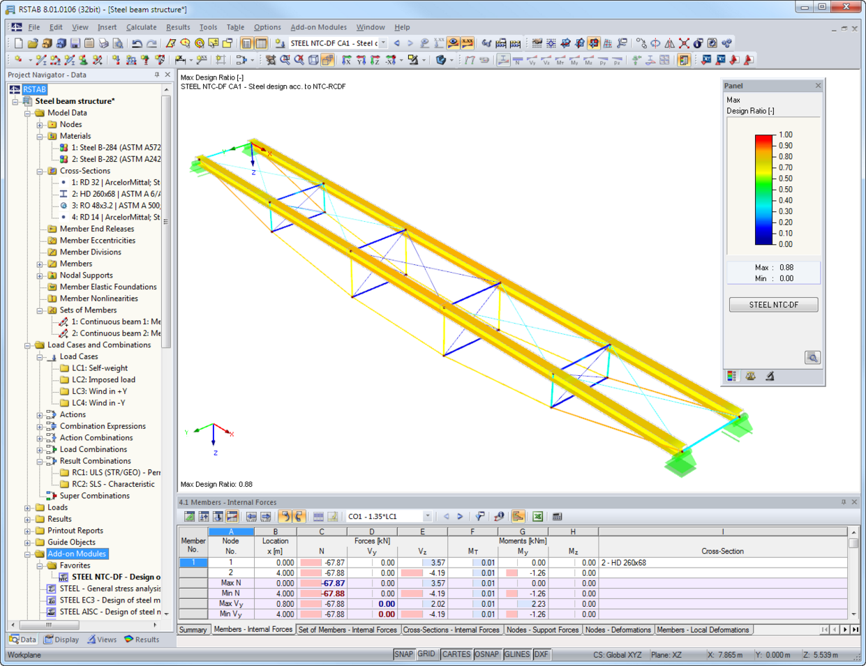 Výsledky posouzení v modulu RF-/STEEL NTC-DF ve 3D renderování