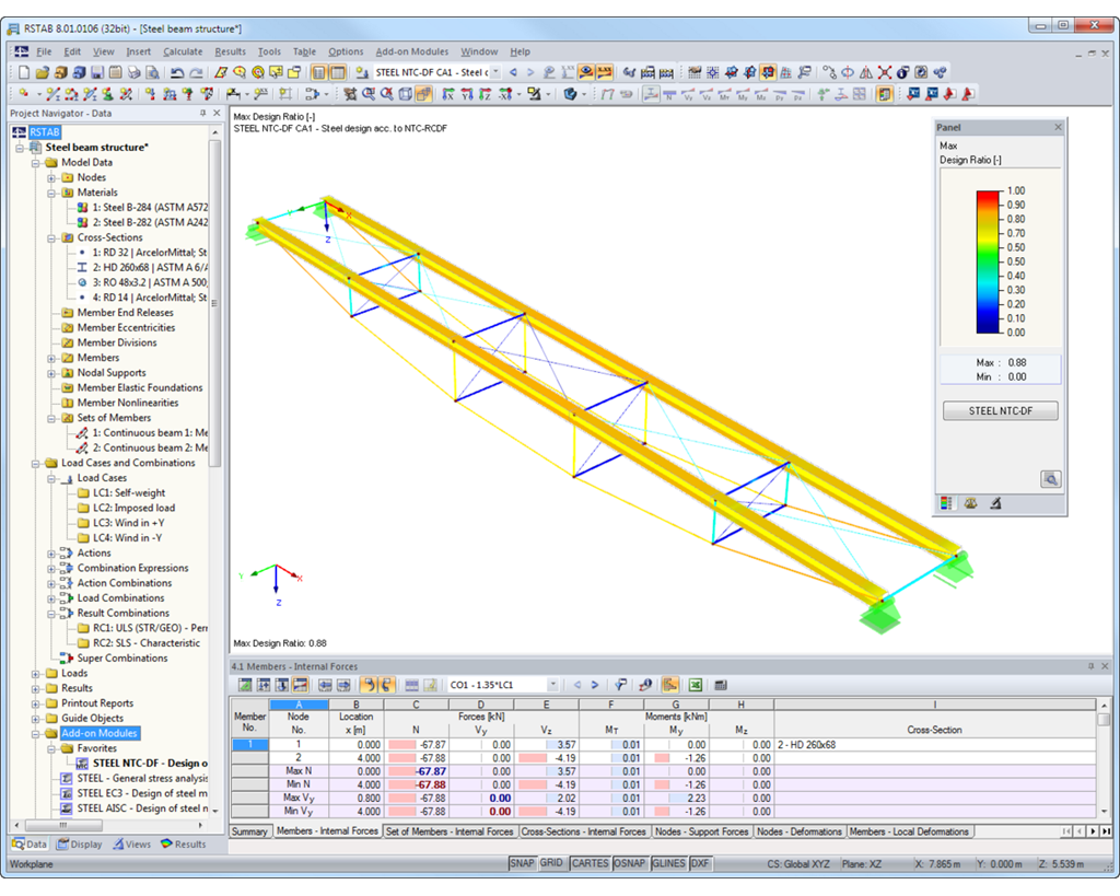 Výsledky posouzení v modulu RF-/STEEL NTC-DF ve 3D renderování