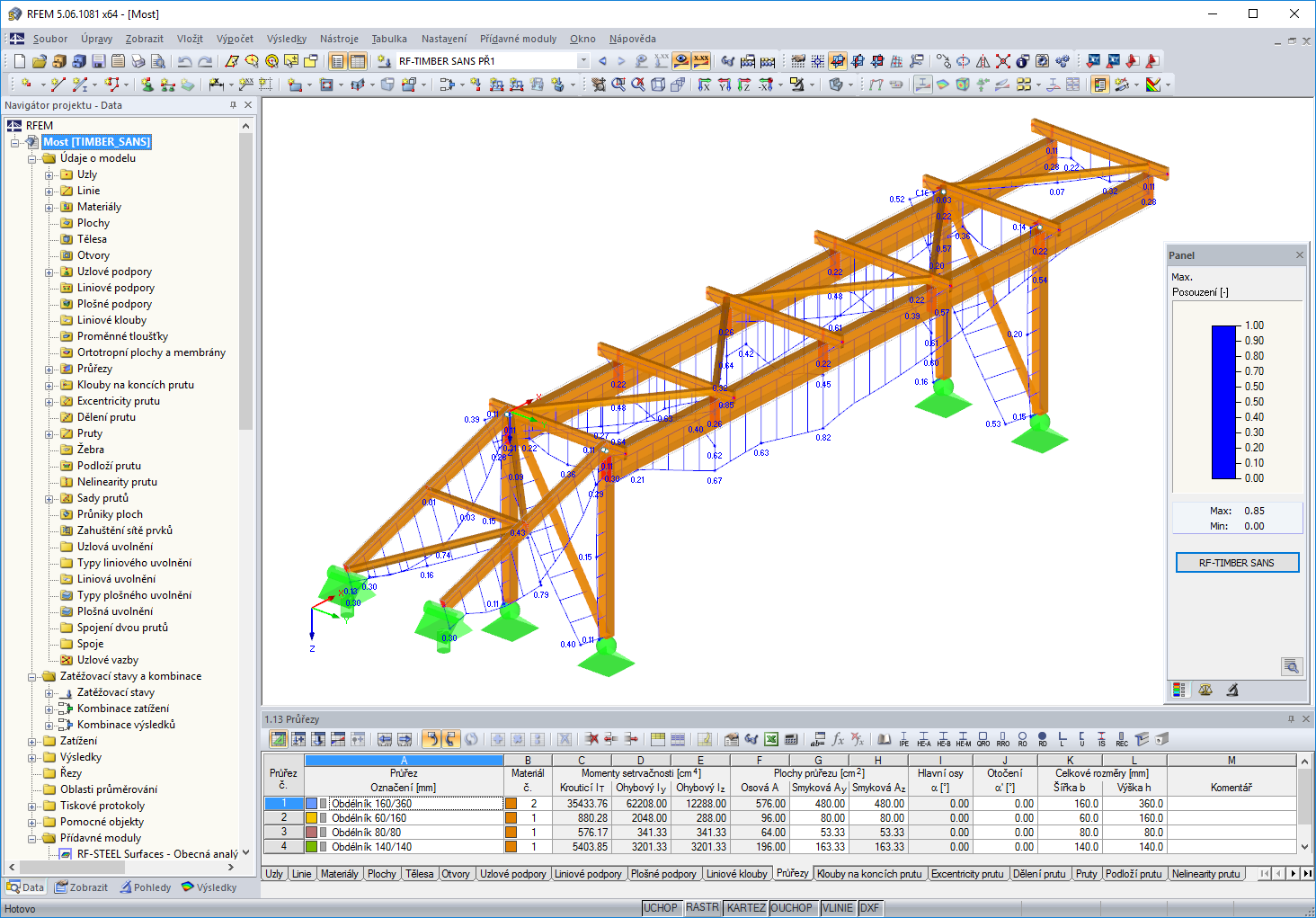 Grafické znázornění výsledků posouzení v modulu RF-TIMBER SANS programu RFEM