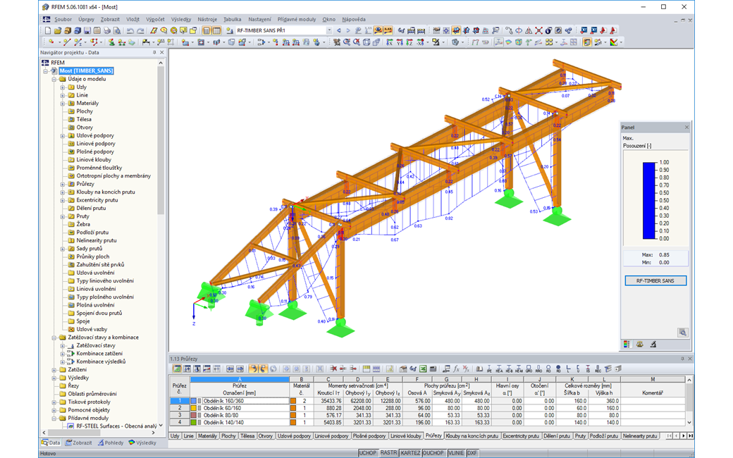 Grafické znázornění výsledků posouzení v modulu RF-TIMBER SANS programu RFEM