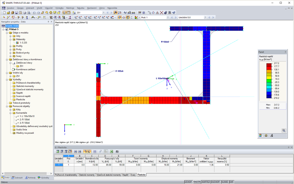 Průřezový program SHAPE-THIN | Výsledky - Průběh plastických normálových napětí