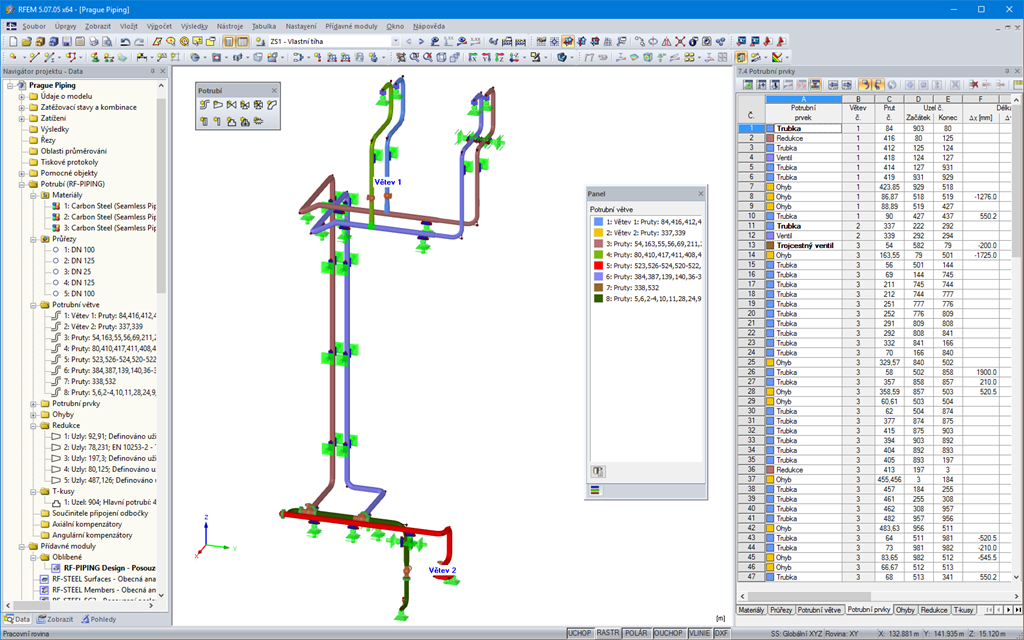 Zobrazení svislého potrubního vedení s různými komponenty