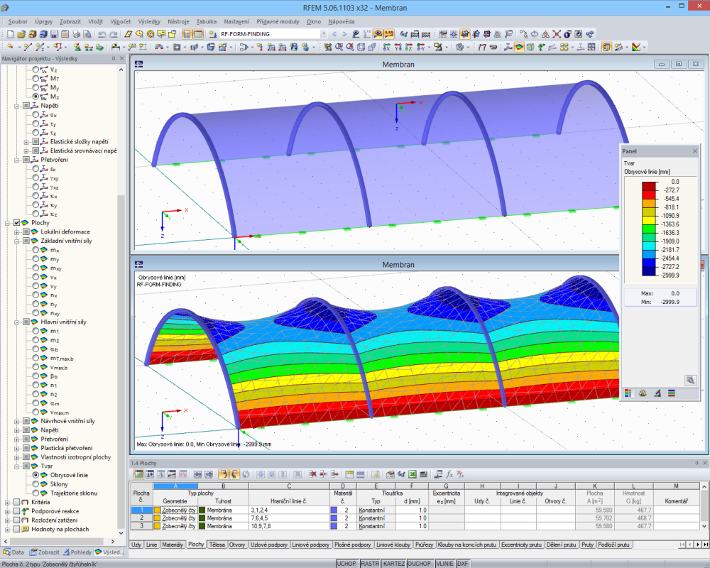 Membránová konstrukce před a po form-findingu v programu RFEM