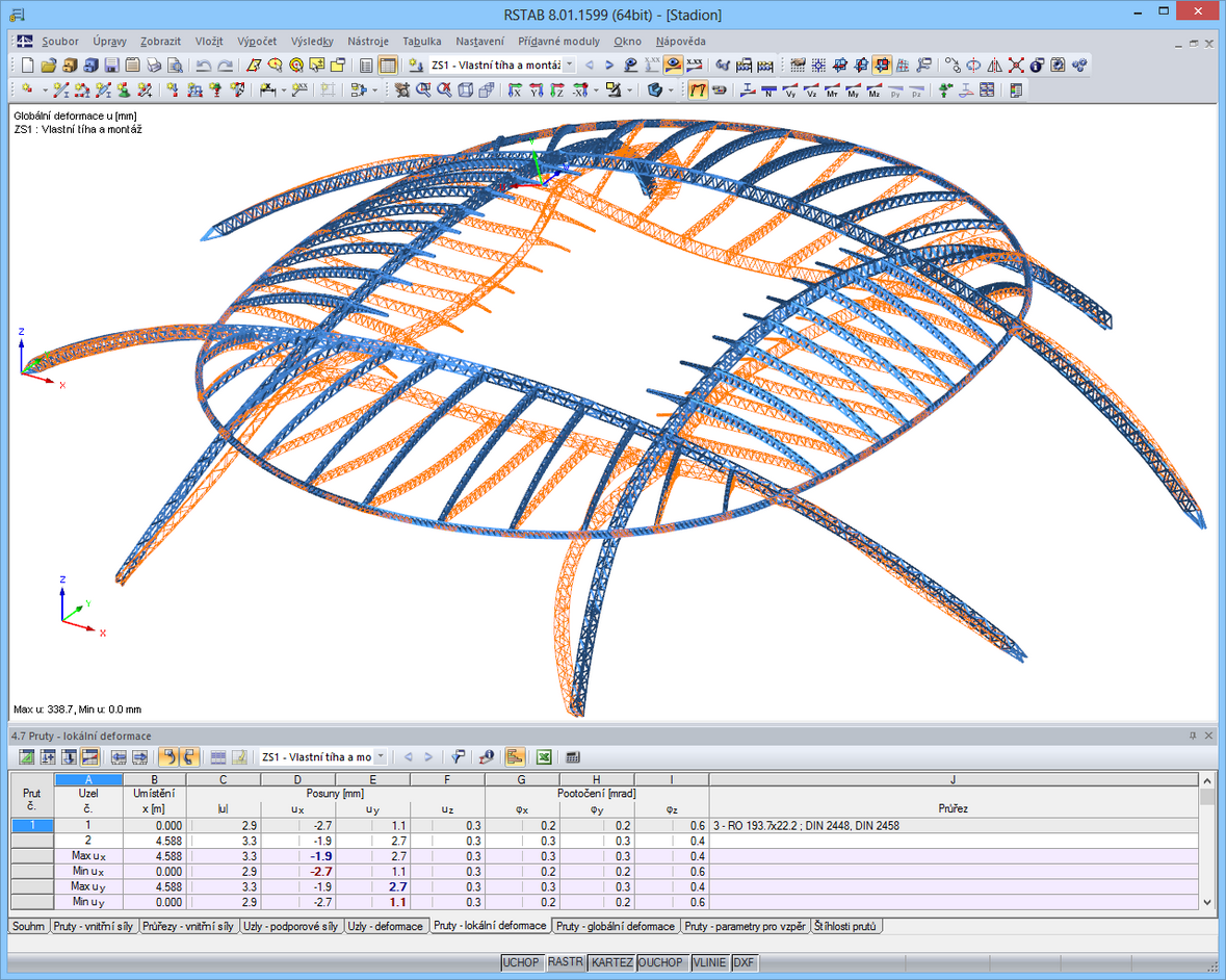 Deformace střechy stadionu (17 791 prutů)