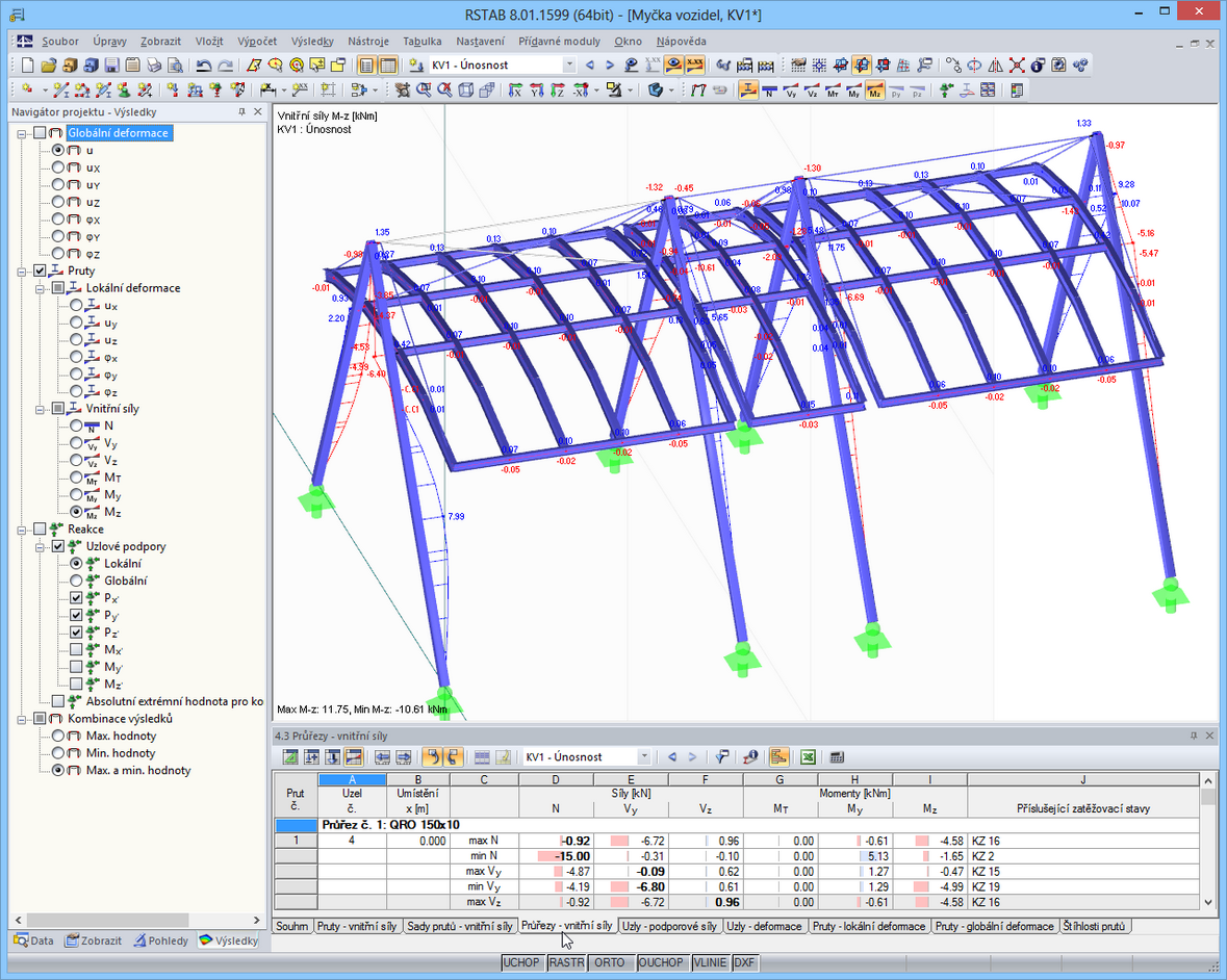 Vnitřní síly ocelové střešní konstrukce