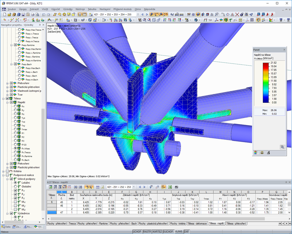 Styčník prutové konstrukce - napětí na tělesech