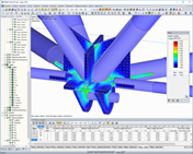 Styčník prutové konstrukce - napětí na tělesech