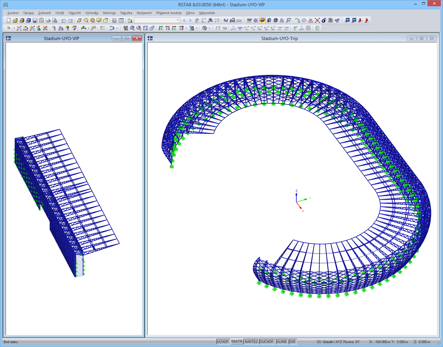 3D model VIP tribuny (vlevo) a hlavní části stadionu (vpravo) v programu RSTAB
