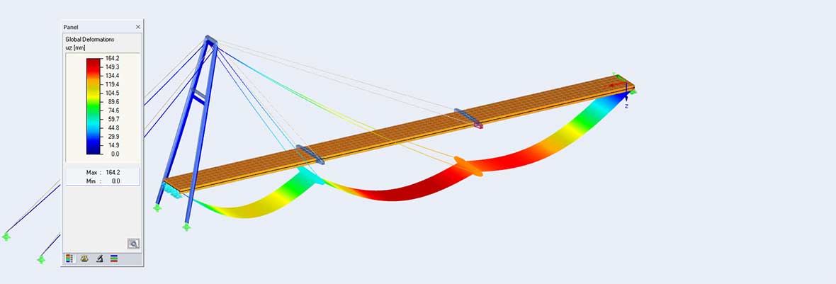 Zavěšený most „Walsersteg“ přes řeku Loisach, Německo | RFEM model s deformacemi | Ingenieurbüro Robert Buxbaum, Wolfratshausen, Německo