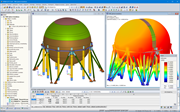 3D model kulové nádrže v programu RFEM (vlevo) a výsledný vlastní tvar z modulu RF-DYNAM Pro (vpravo)
