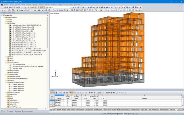 RFEM model dřevěné výškové budovy