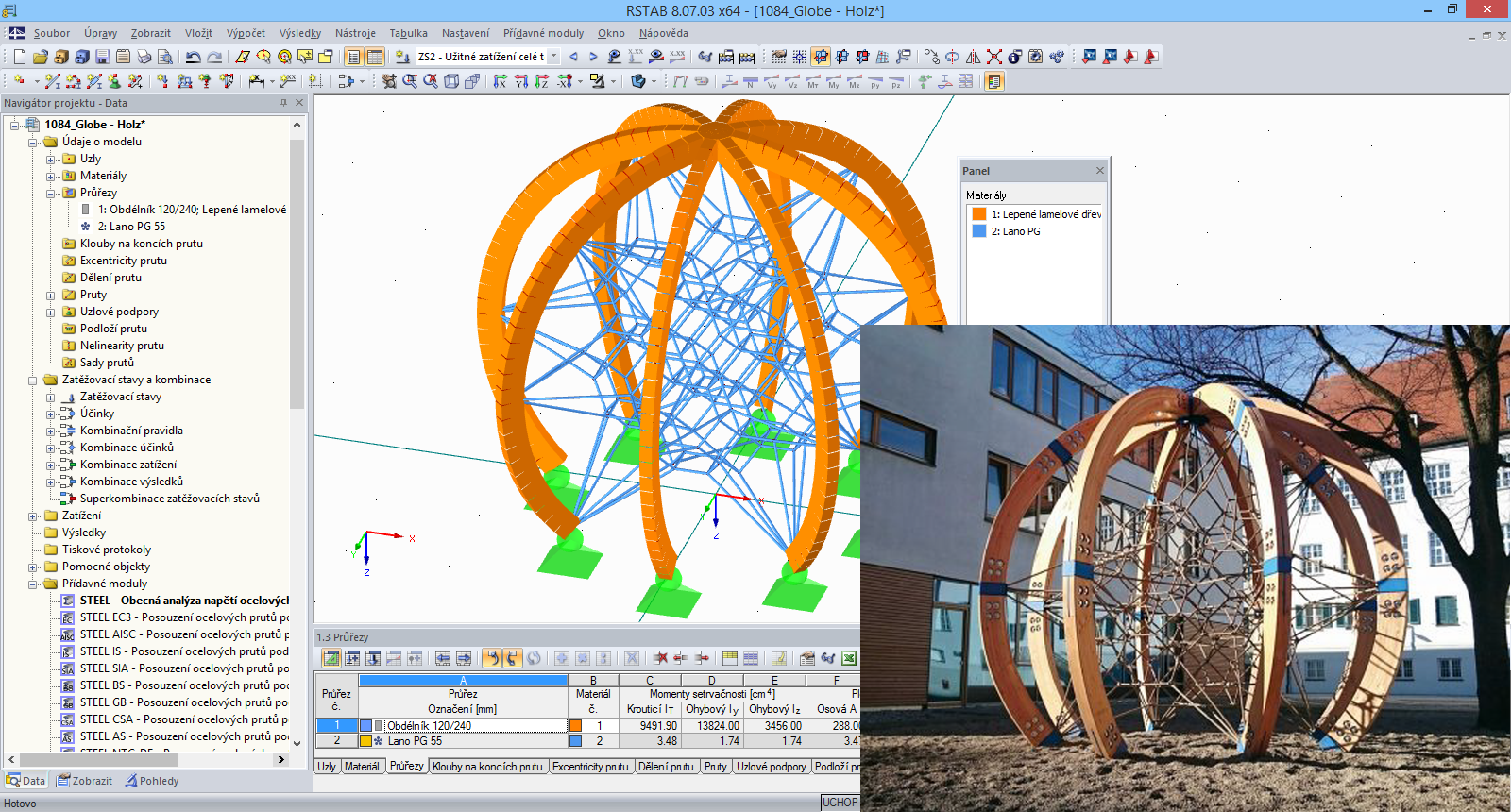 3D model a fotografie lanové prolézačky "Globe" (© screenshot: Dipl.-Des. Heinz Bornemann, Bad Bentheim/© picture: Berliner Seilfabrik)