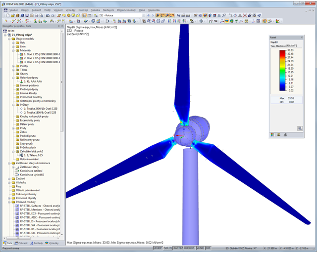 Analýza napětí větrné turbíny v programu RFEM s automaticky vygenerovaným zatížením od rotace