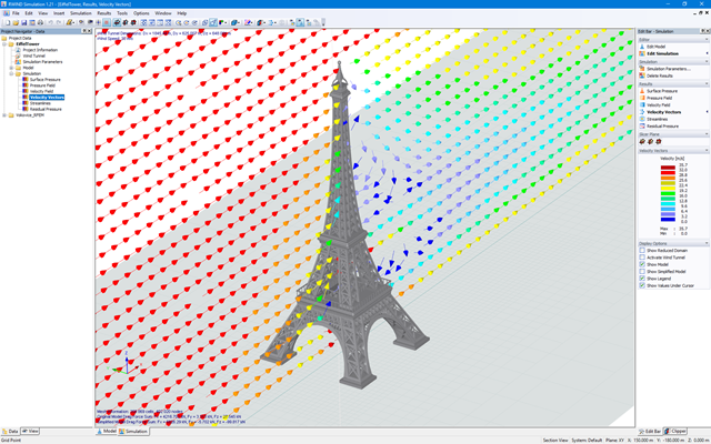 Geschwindigkeitsvektoren der Windströme am Modell des Eiffelturms