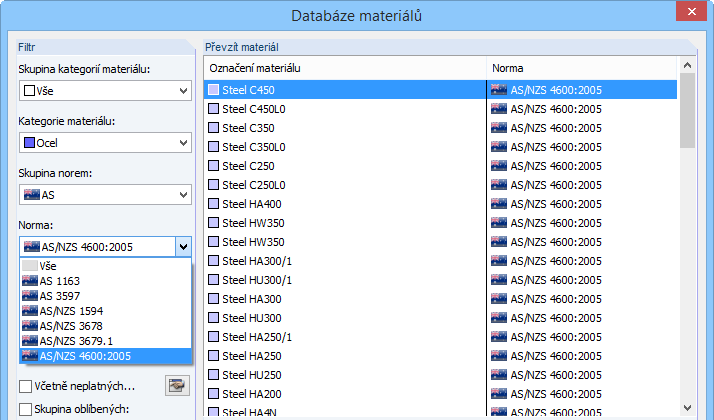 Stähle nach der australischen Norm AS/NZS 4600:2005 in der Materialdatenbank
