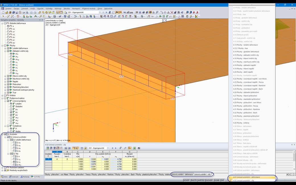 Grafische und tabellarische Ausgabe der Kräfte einer Linienfreigabe