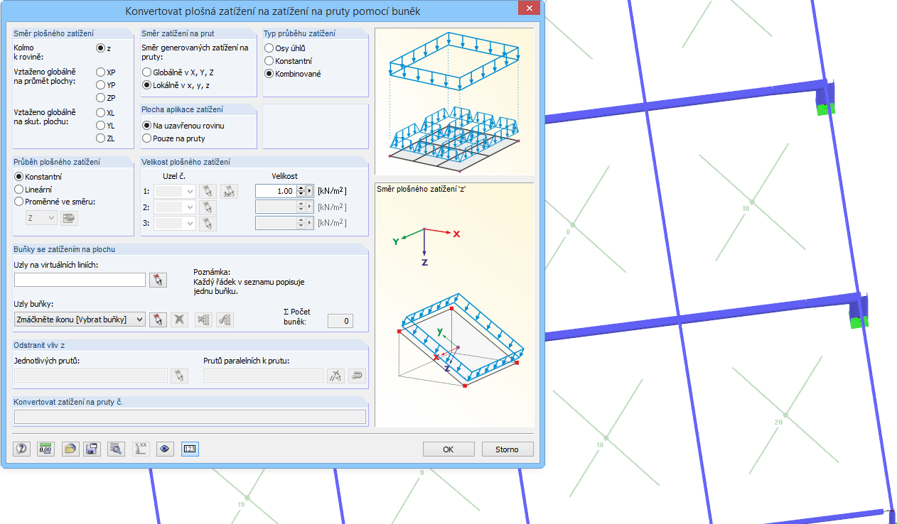 konvertovat plošná zatížení na zatížení na pruty pomocí buněk