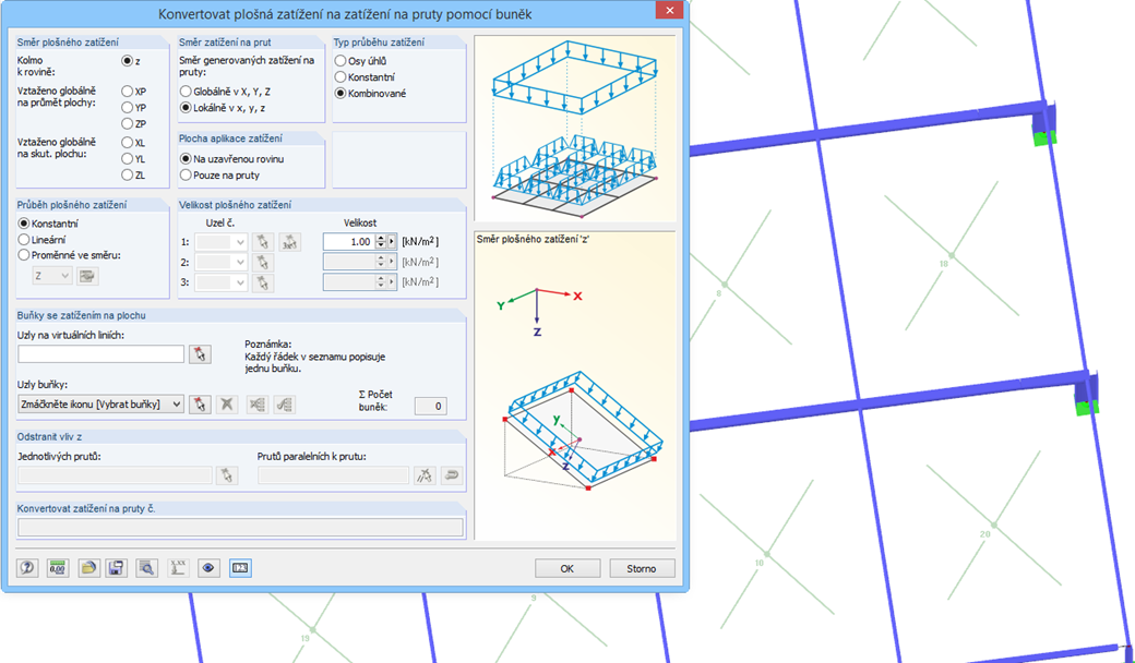 konvertovat plošná zatížení na zatížení na pruty pomocí buněk
