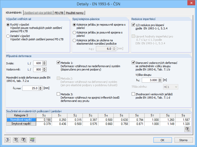 Podrobná nastavení pro výpočet jeřábové dráhy