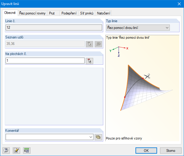 Zerlegung einer Membranfläche mit Hilfe des Linientyps "Schnitt mittels zwei Linien"