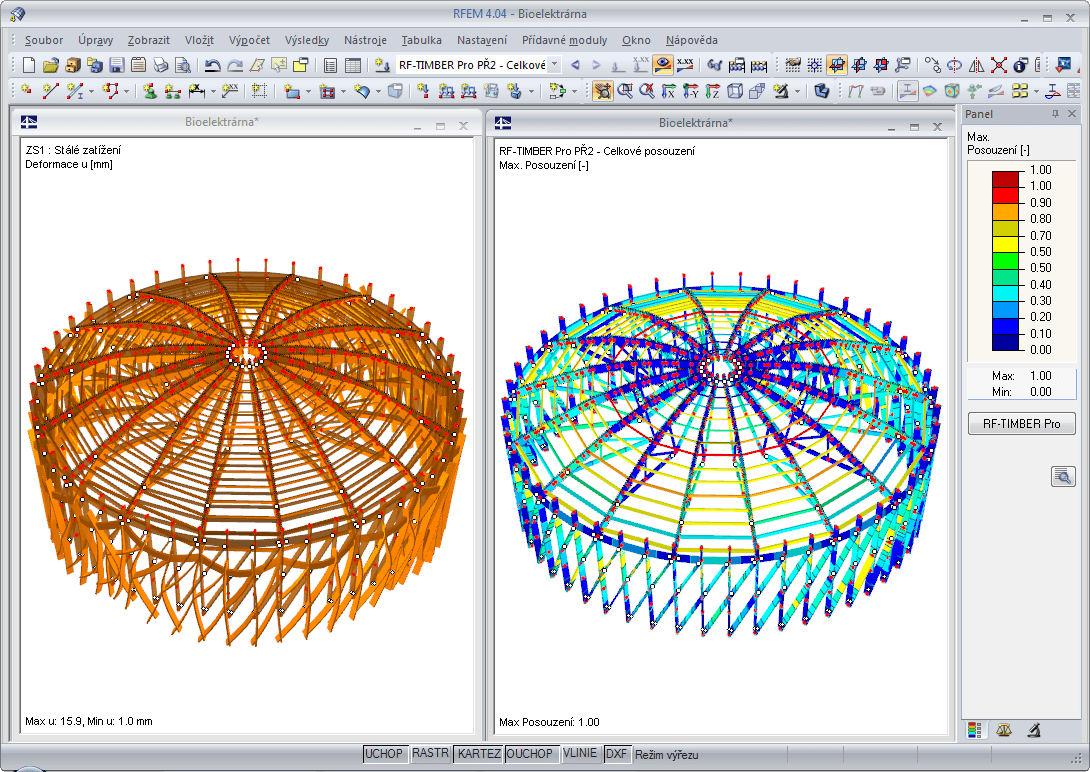 Grafické porovnání výsledků z RFEMu a modulu RF-TIMBER Pro