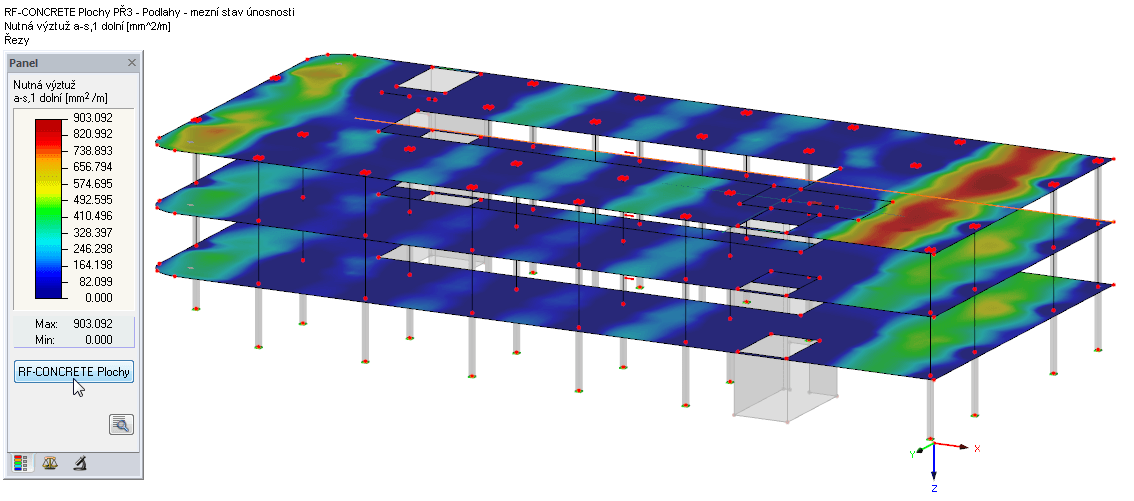 RF-CONCRETE Surfaces - Grafické výsledky na celém modelu konstrukce