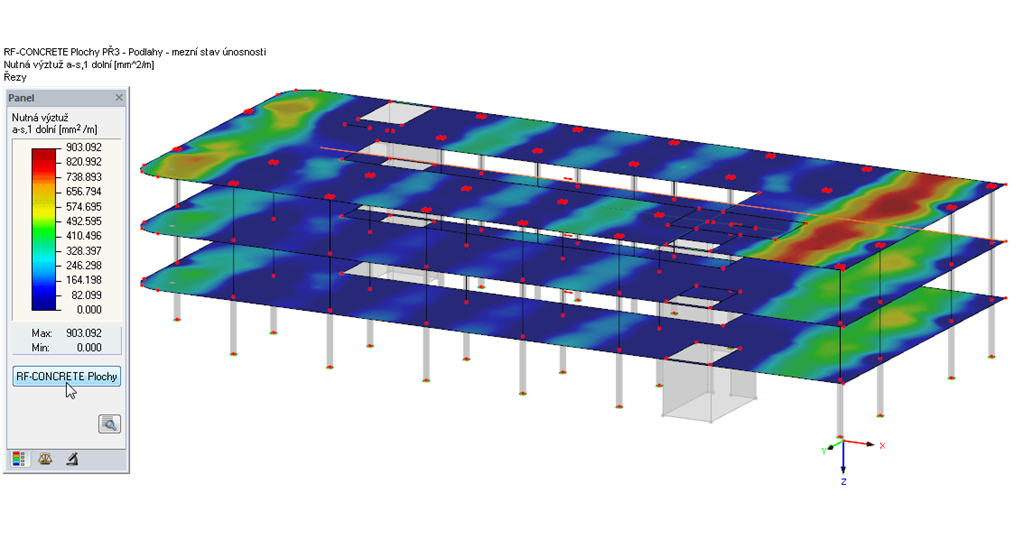 RF-CONCRETE Surfaces - Grafické výsledky na celém modelu konstrukce