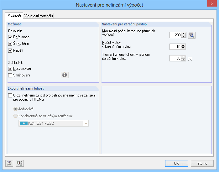 Nastavení pro nelineární výpočet
