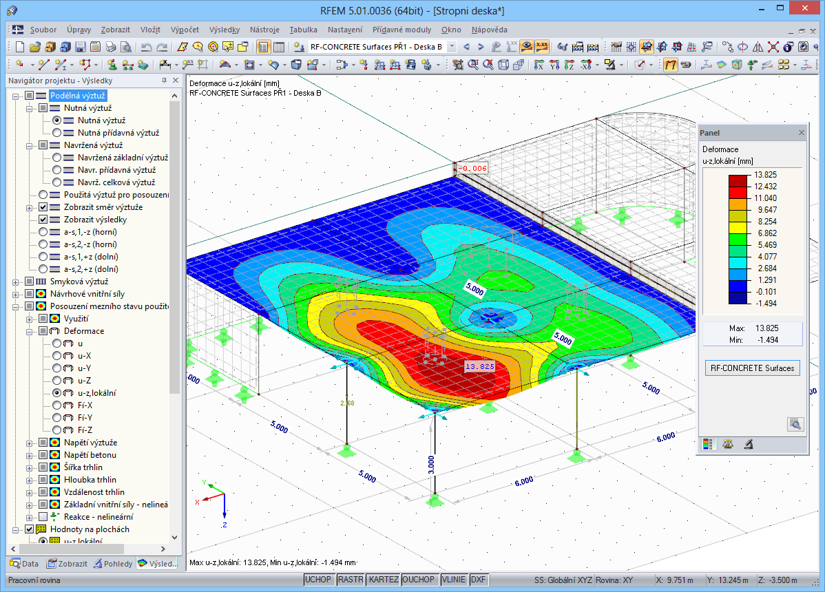 Grafické zobrazení výsledků v programu RFEM s deformací ve stavu II