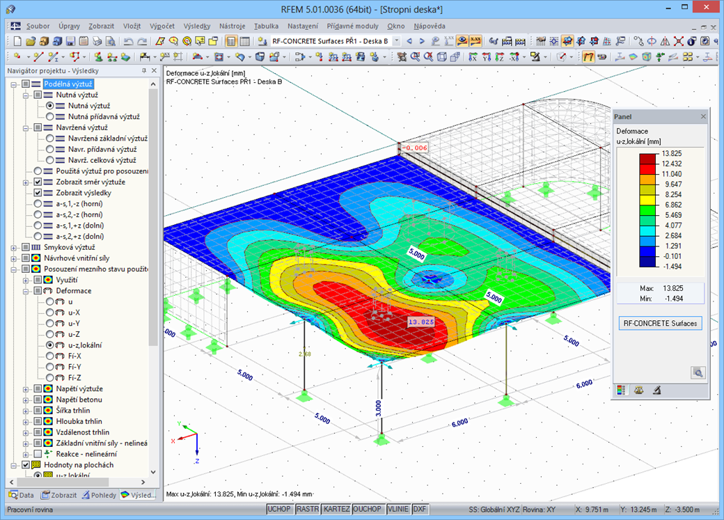 Grafické zobrazení výsledků v programu RFEM s deformací ve stavu II