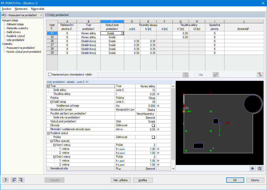 Zadání parametrů smyku protlačení