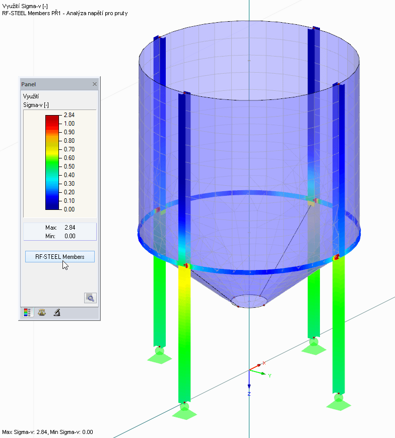 Barevné znázornění výsledků v RFEMu - Pruty