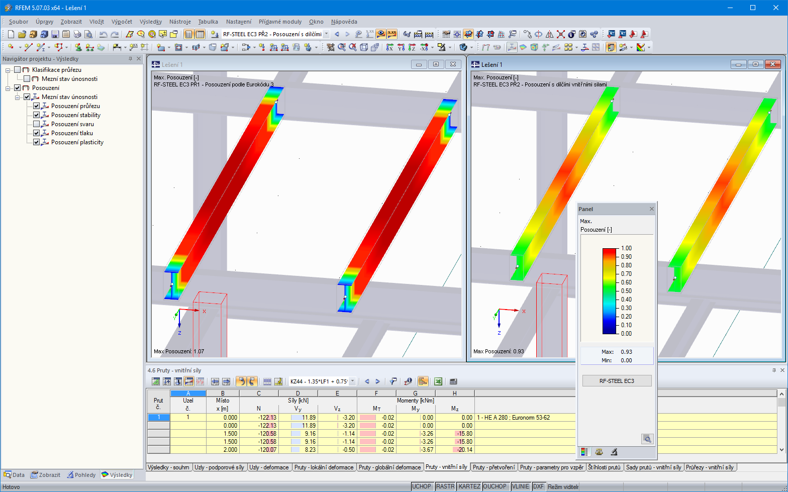 Posouzení ocelových konstrukcí v programu RFEM bez (vlevo) as RF-STEEL Plasticity (vpravo).