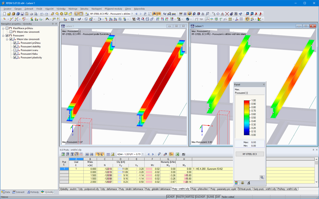 Posouzení ocelových konstrukcí v programu RFEM bez (vlevo) as RF-STEEL Plasticity (vpravo).