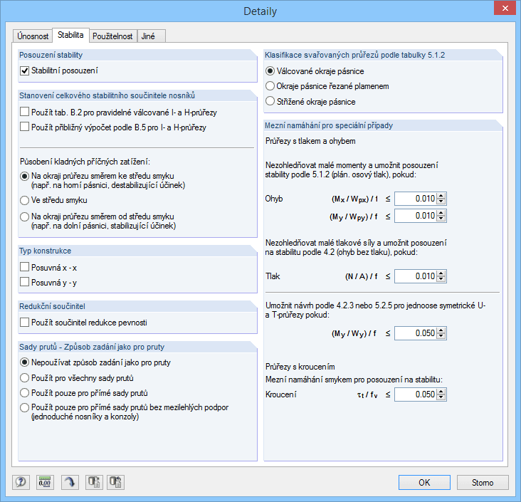 Detaileinstellungen zur Bemessung