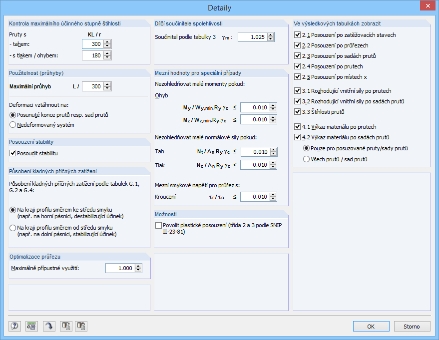 Detaileinstellungen zur Bemessung