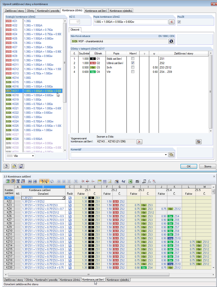 Kombinatorik-Dialog und Tabelle 2.5 Lastkombinationen
