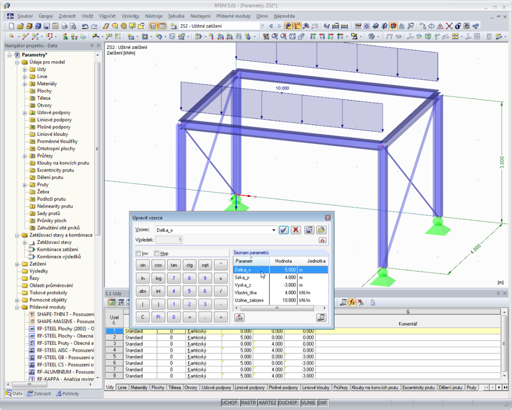 Editor vzorců se seznamem parametrů