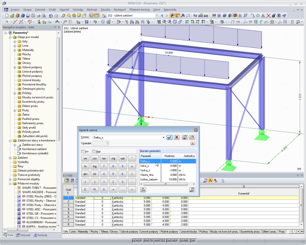 Editor vzorců se seznamem parametrů