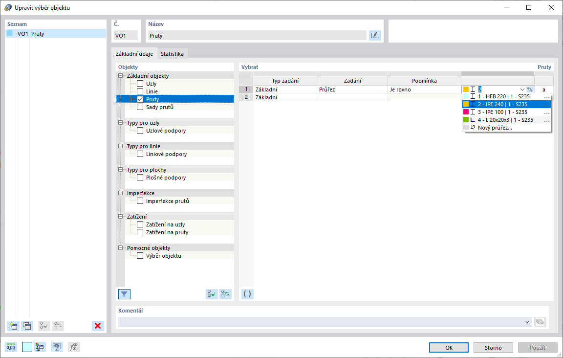 Kritéria pro nastavení grafického výběru